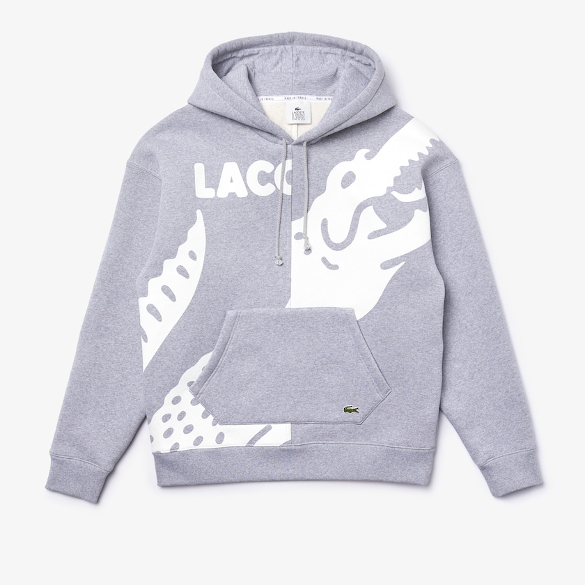 Men's Lacoste Grey / White Sweatshirts LIVE Loose Fit Hooded Print Fleece QD8-10381B7