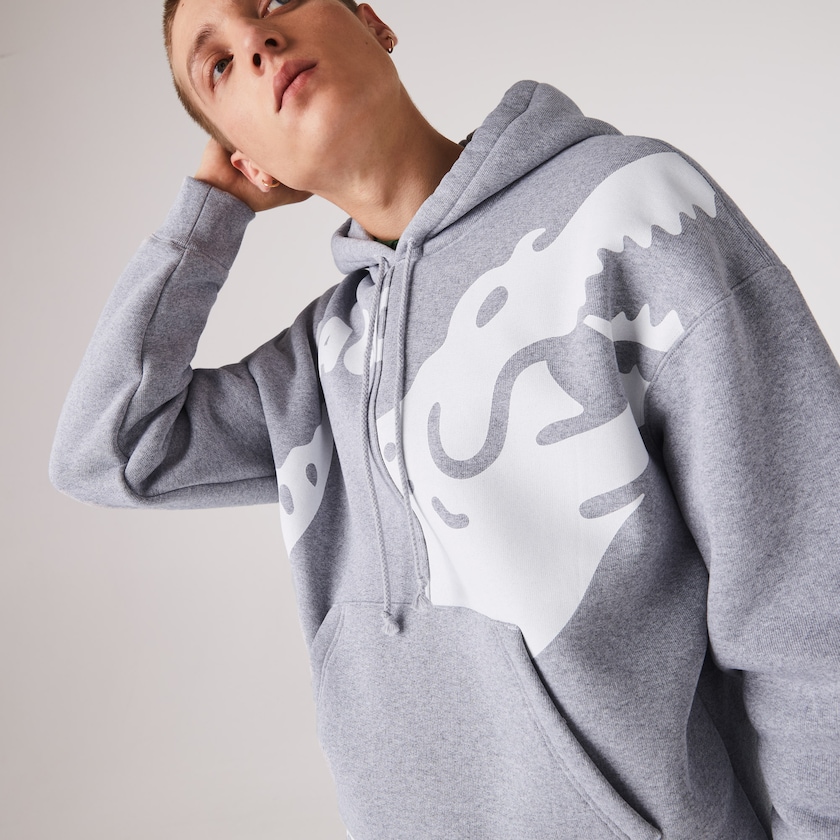 Men's Lacoste Grey / White Sweatshirts LIVE Loose Fit Hooded Print Fleece QD8-10381B7