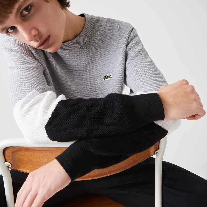Men's Lacoste Grey / White / Black Sweaters Crew Neck Colorblock Cotton CB0-05020C5