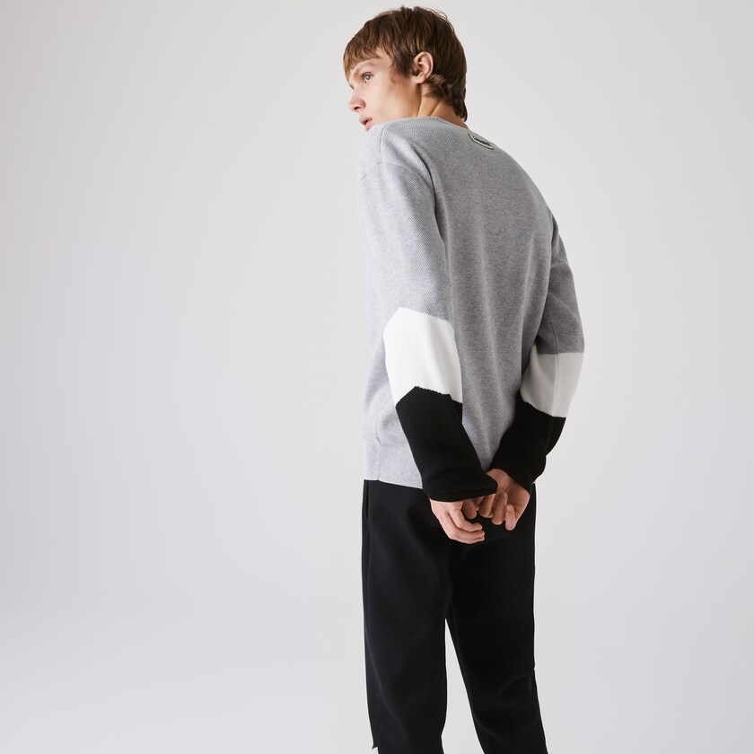 Men's Lacoste Grey / White / Black Sweaters Crew Neck Colorblock Cotton CB0-05020C5