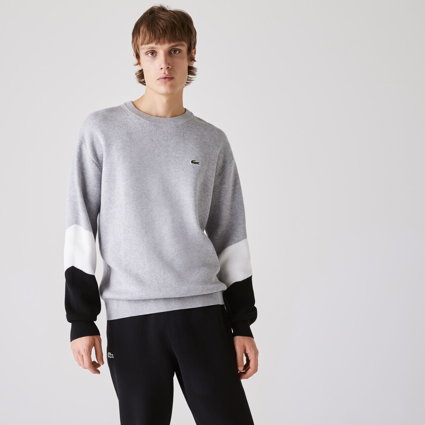 Men's Lacoste Grey / White / Black Sweaters Crew Neck Colorblock Cotton CB0-05020C5