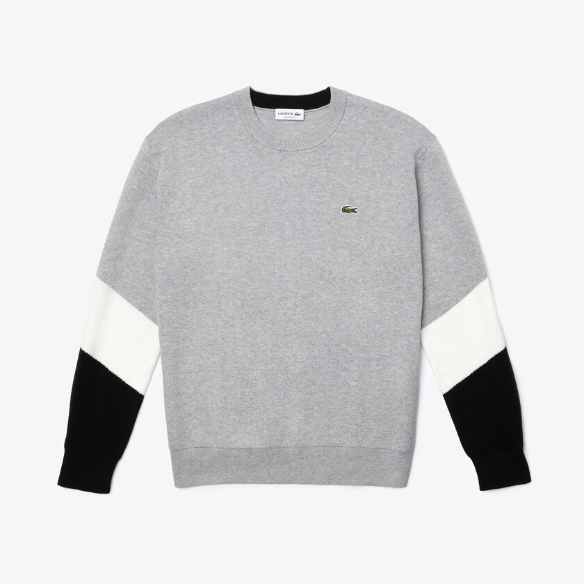 Men's Lacoste Grey / White / Black Sweaters Crew Neck Colorblock Cotton CB0-05020C5