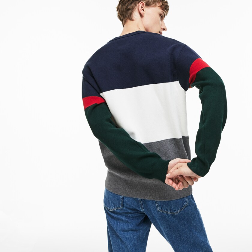 Men's Lacoste Grey / White / Blue / Red / Green Sweaters Crew Neck Colorblock Flat Ribbed Cotton VK4-96639M2
