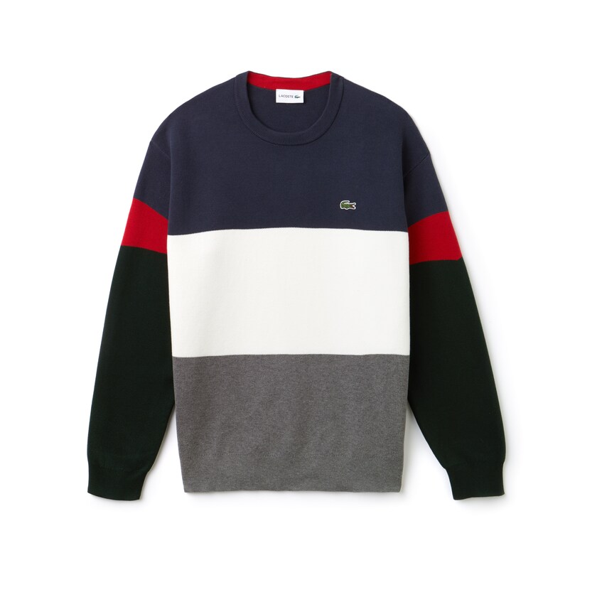 Men's Lacoste Grey / White / Blue / Red / Green Sweaters Crew Neck Colorblock Flat Ribbed Cotton VK4-96639M2