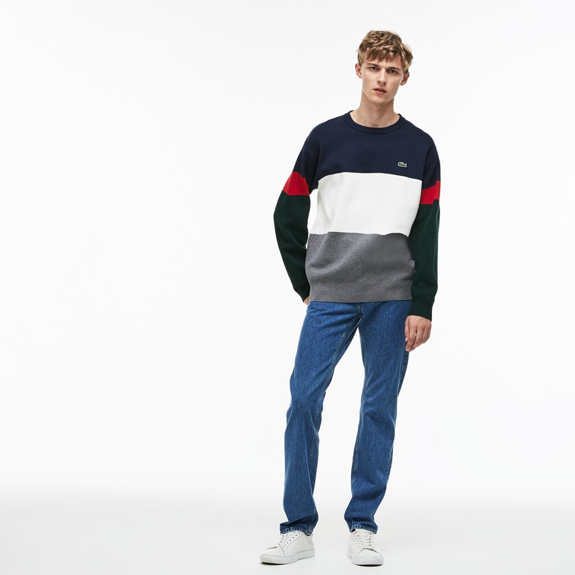 Men's Lacoste Grey / White / Blue / Red / Green Sweaters Crew Neck Colorblock Flat Ribbed Cotton VK4-96639M2