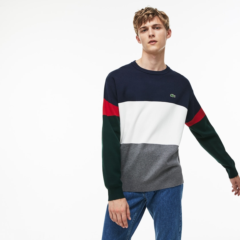 Men's Lacoste Grey / White / Blue / Red / Green Sweaters Crew Neck Colorblock Flat Ribbed Cotton VK4-96639M2