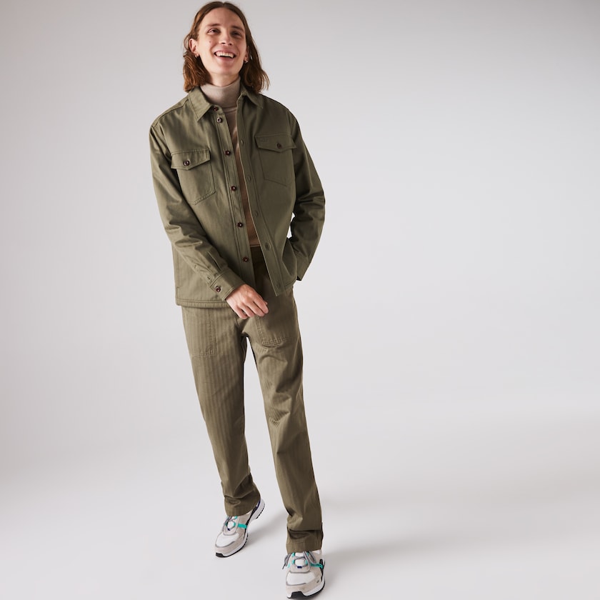 Men's Lacoste Khaki Green Pants Chevron Textured Cotton Cargo OM1-77387U4