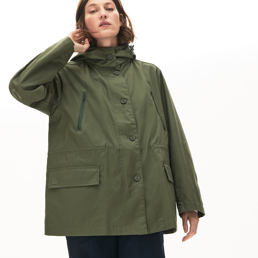 Women's Lacoste Khaki Green Parka Jackets Flared Water-Resistant HW4-50745Y0