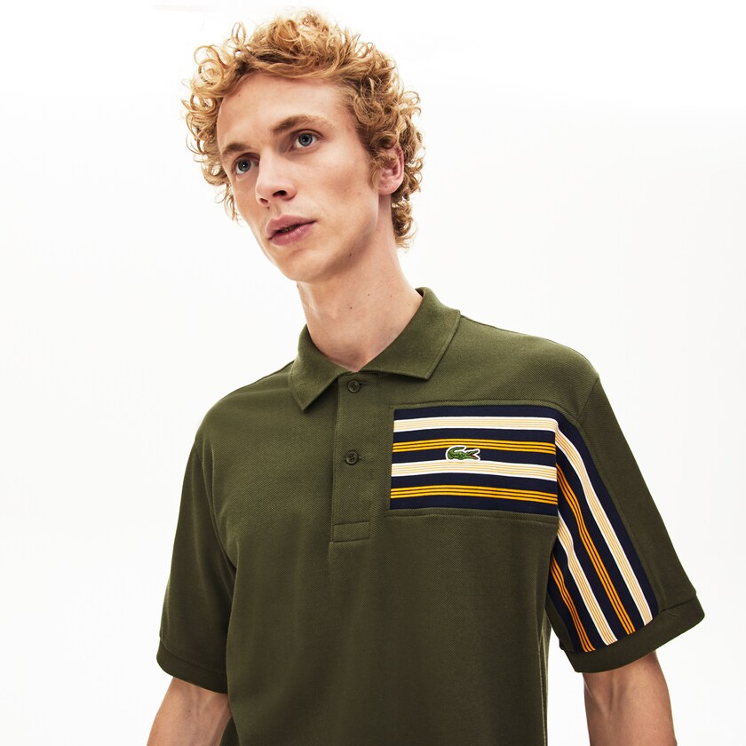 Men's Lacoste Khaki Green Polo Shirts L.12.12 Off-Center Stripe Cotton Piqué HB8-38263E5
