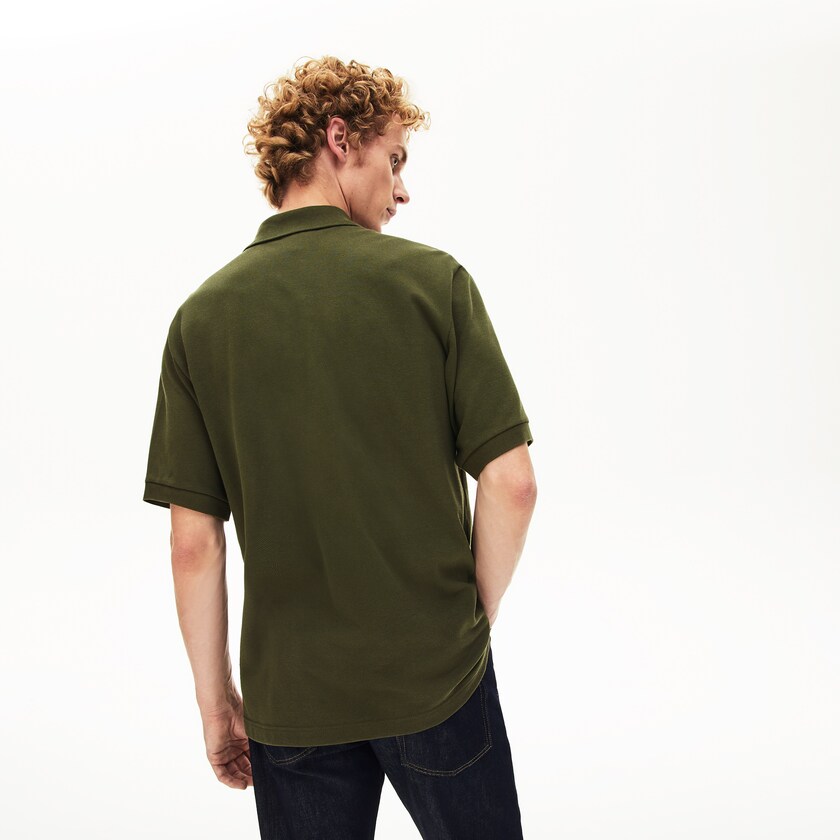 Men's Lacoste Khaki Green Polo Shirts L.12.12 Off-Center Stripe Cotton Piqué HB8-38263E5