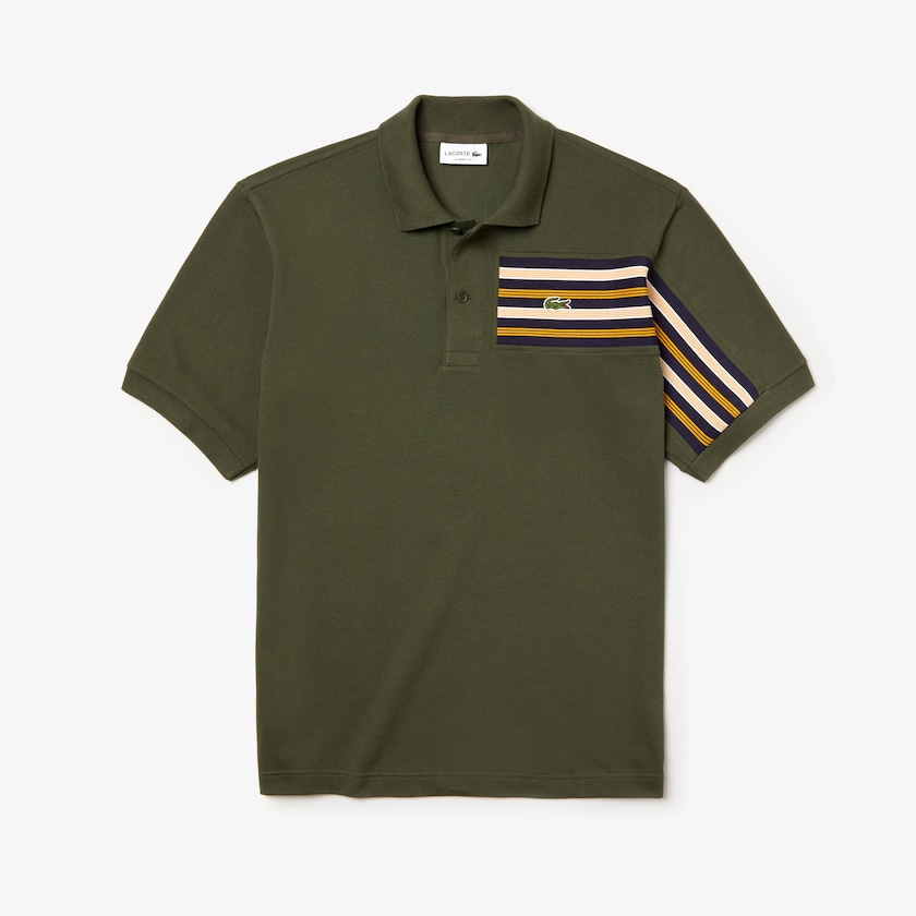 Men's Lacoste Khaki Green Polo Shirts L.12.12 Off-Center Stripe Cotton Piqué HB8-38263E5