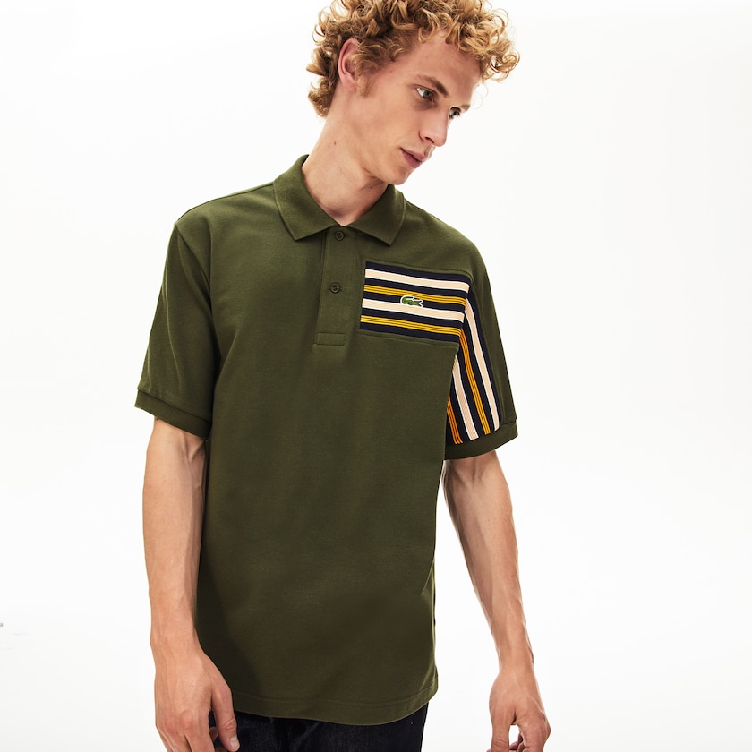 Men's Lacoste Khaki Green Polo Shirts L.12.12 Off-Center Stripe Cotton Piqué HB8-38263E5