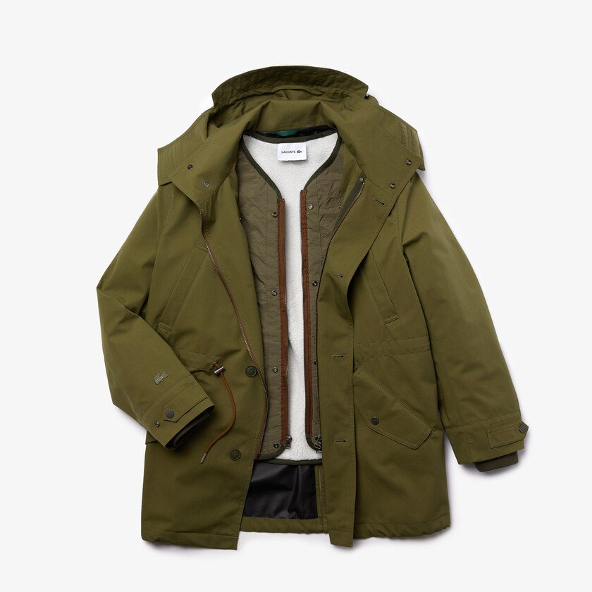 Men's Lacoste Khaki Green Parka Jackets Quilted Interior Jacket Water-Resistant 3-in-1 TT5-53125J7