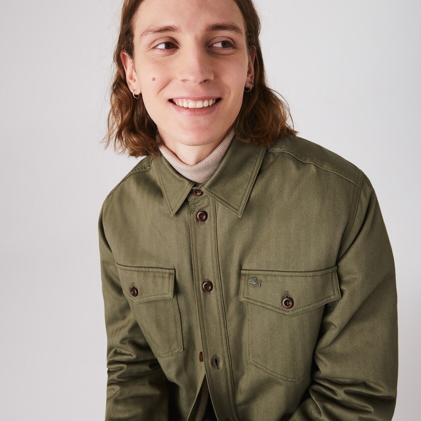 Men's Lacoste Khaki Green Overshirts Warm Lined Chevron Cotton MJ3-55815L9