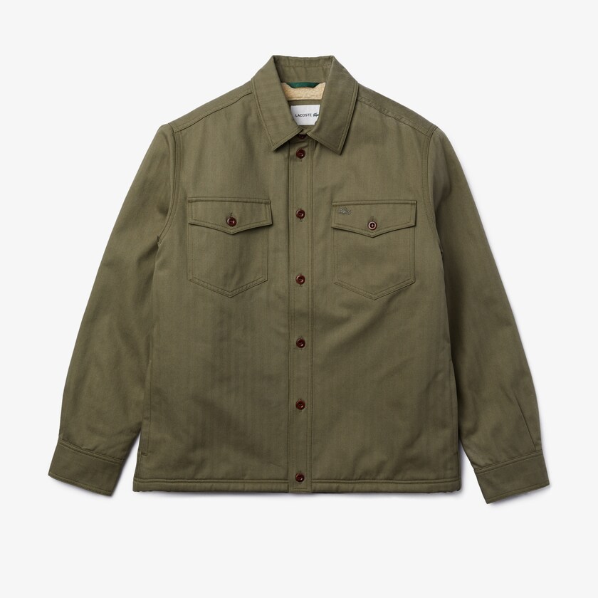 Men's Lacoste Khaki Green Overshirts Warm Lined Chevron Cotton MJ3-55815L9