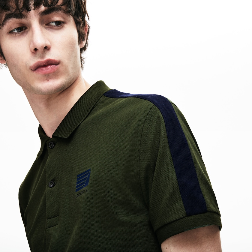 Men's Lacoste Khaki Green / Navy Blue Polo Shirts Slim Fit Cotton Mini Piqué UW0-24482Z9