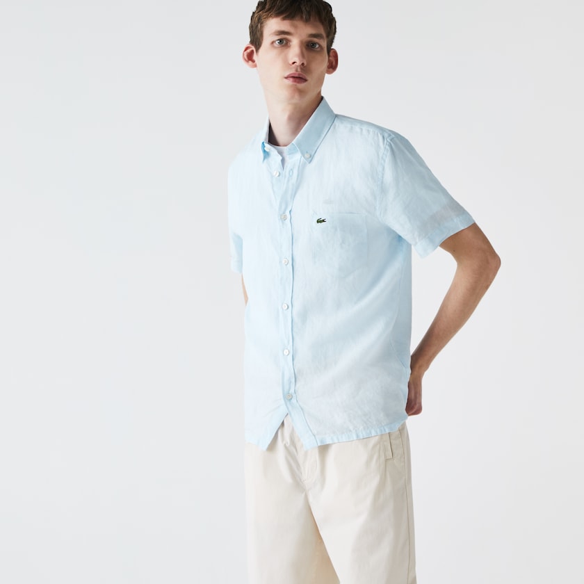 Men's Lacoste Light Blue Shirts Regular Fit Linen MQ9-63926Y1