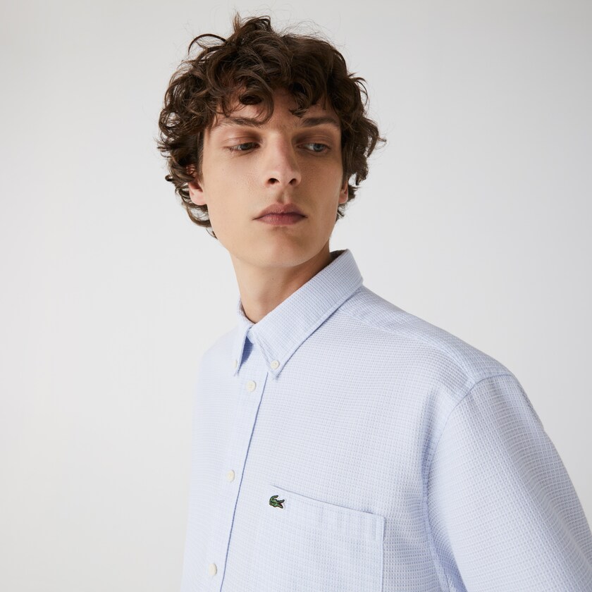 Men's Lacoste Light Blue / White Shirts Short-Sleeved Lightweight Cotton WX6-13221W4