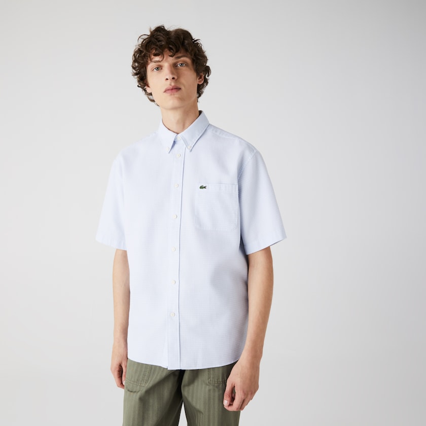Men's Lacoste Light Blue / White Shirts Short-Sleeved Lightweight Cotton WX6-13221W4