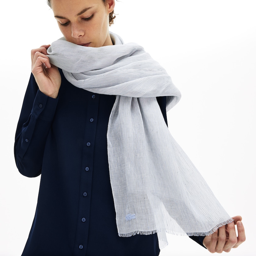 Women's Lacoste Light Blue / White / Navy Blue Scarves Pinstriped Cotton-Linen ZQ1-61576R8