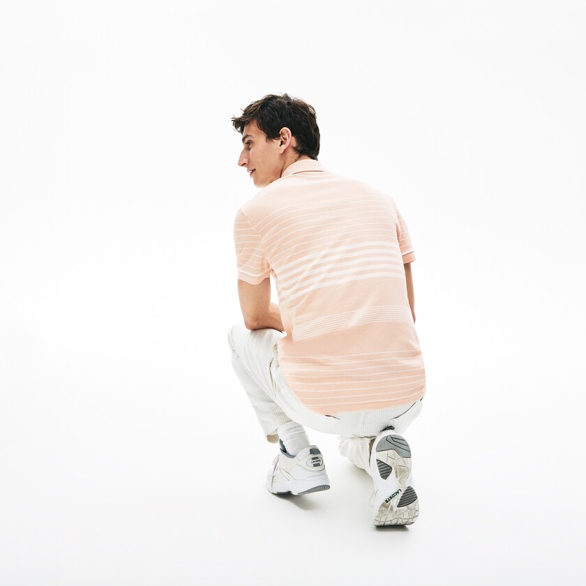 Men's Lacoste Light Pink / White Shirts Striped Linen And Cotton Regular Fit Polo JX3-45504C8