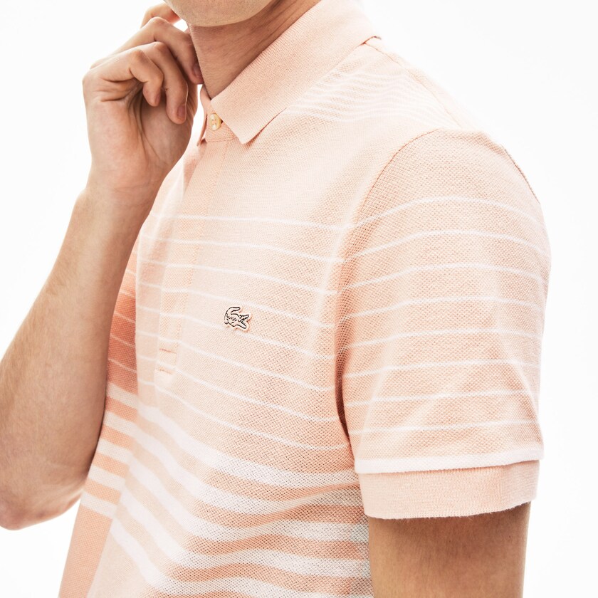 Men's Lacoste Light Pink / White Shirts Striped Linen And Cotton Regular Fit Polo JX3-45504C8