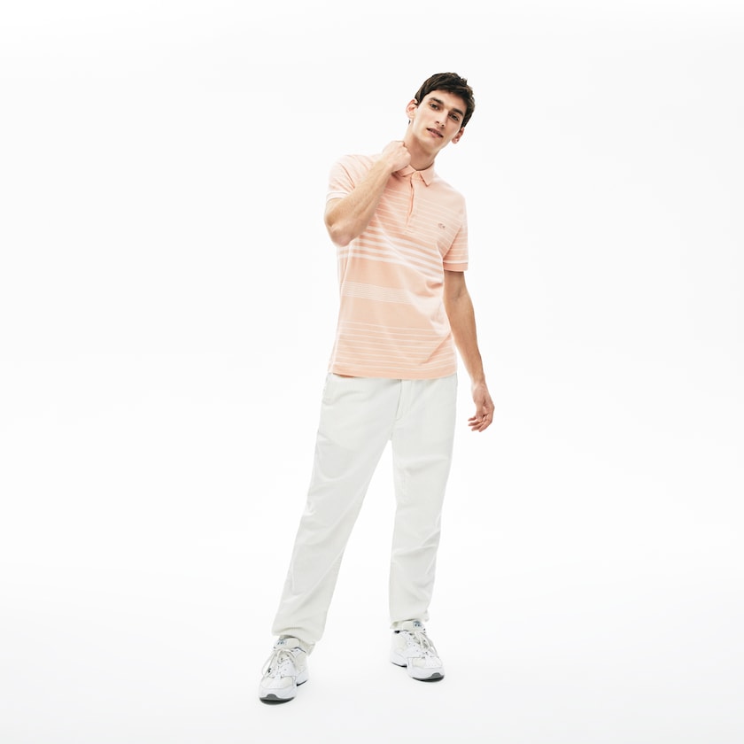Men's Lacoste Light Pink / White Shirts Striped Linen And Cotton Regular Fit Polo JX3-45504C8