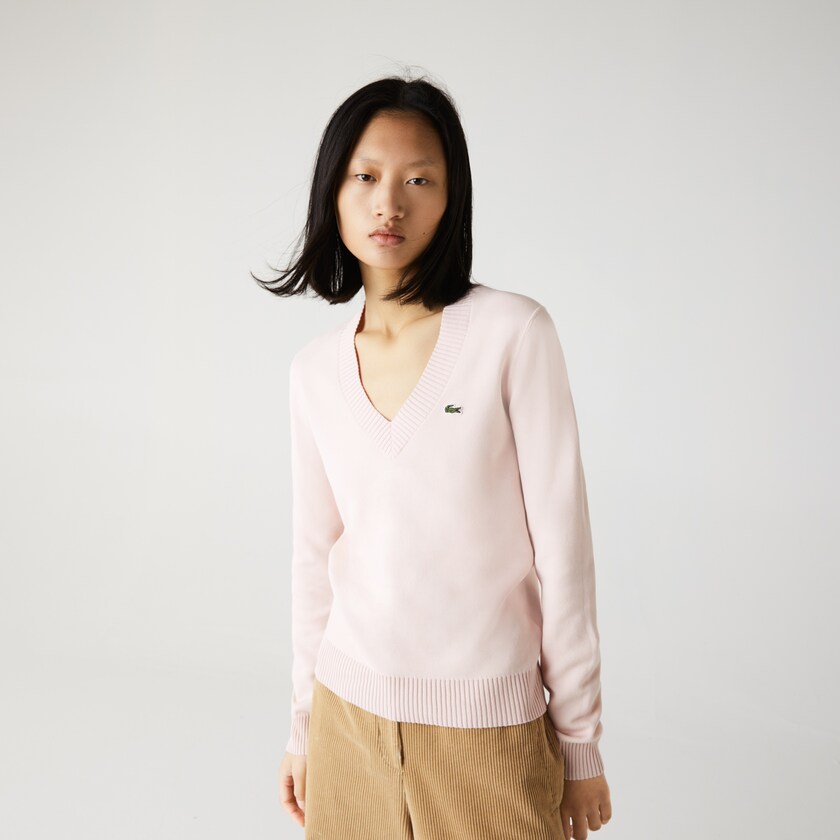 Women's Lacoste Light Pink / White Sweaters V-neck Organic Cotton OH4-80288T3