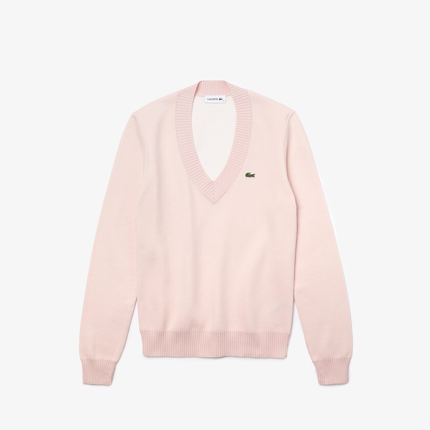 Women's Lacoste Light Pink / White Sweaters V-neck Organic Cotton OH4-80288T3