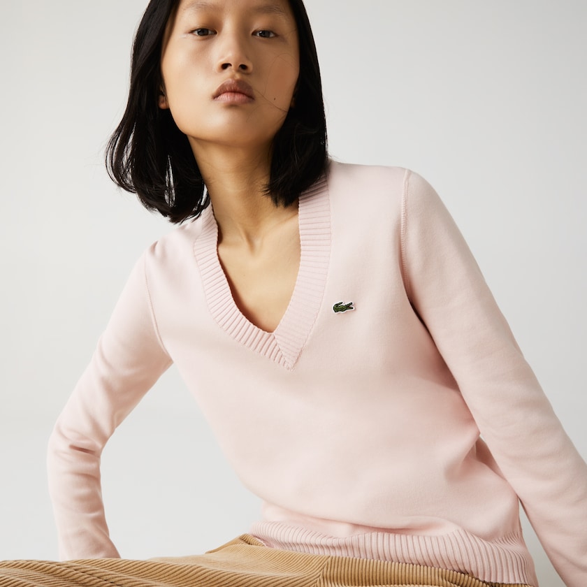 Women's Lacoste Light Pink / White Sweaters V-neck Organic Cotton OH4-80288T3