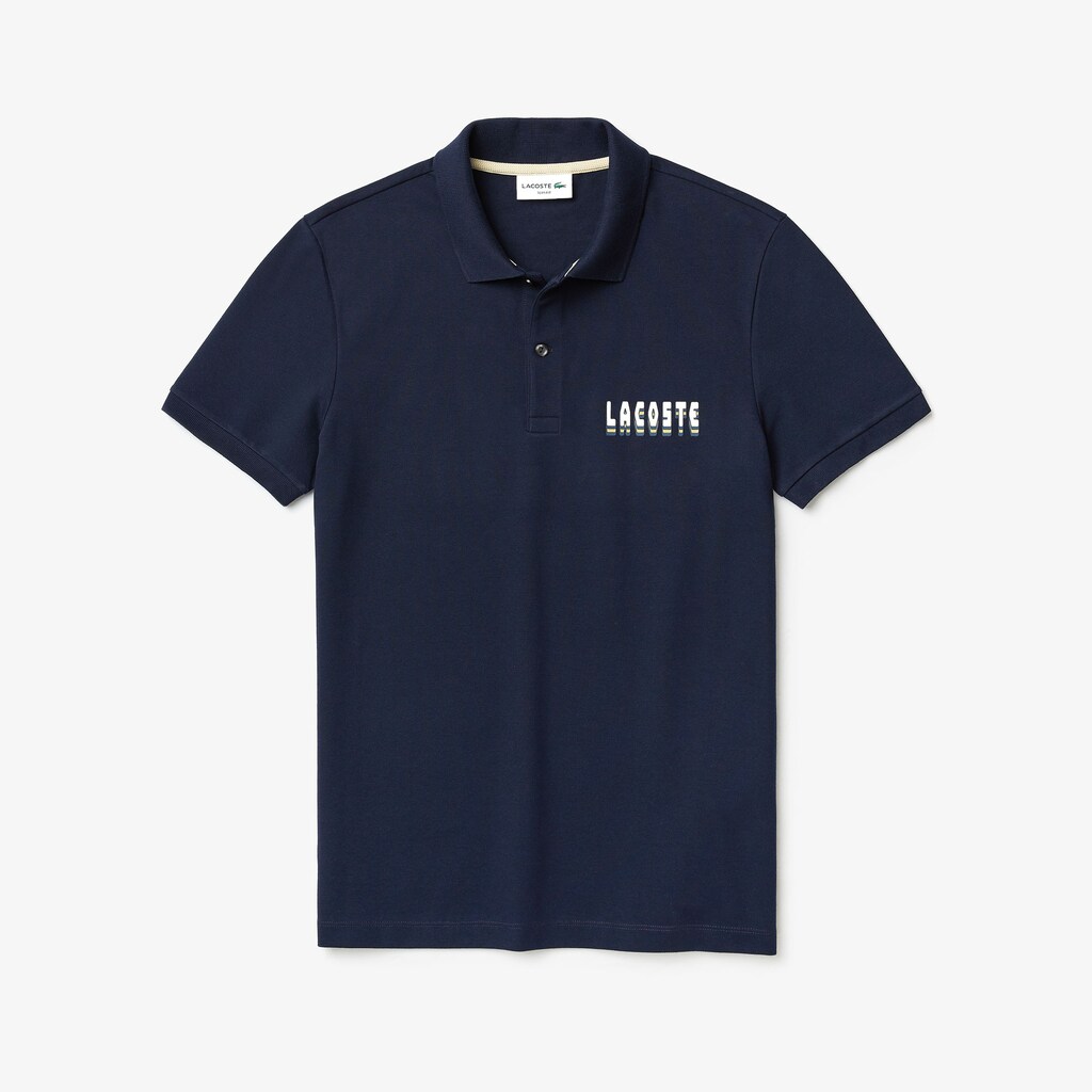 Men's Lacoste Navy Blue Polo Shirts 3D-Lettering Slim Fit Stretch Cotton Piqué EB9-78777I0
