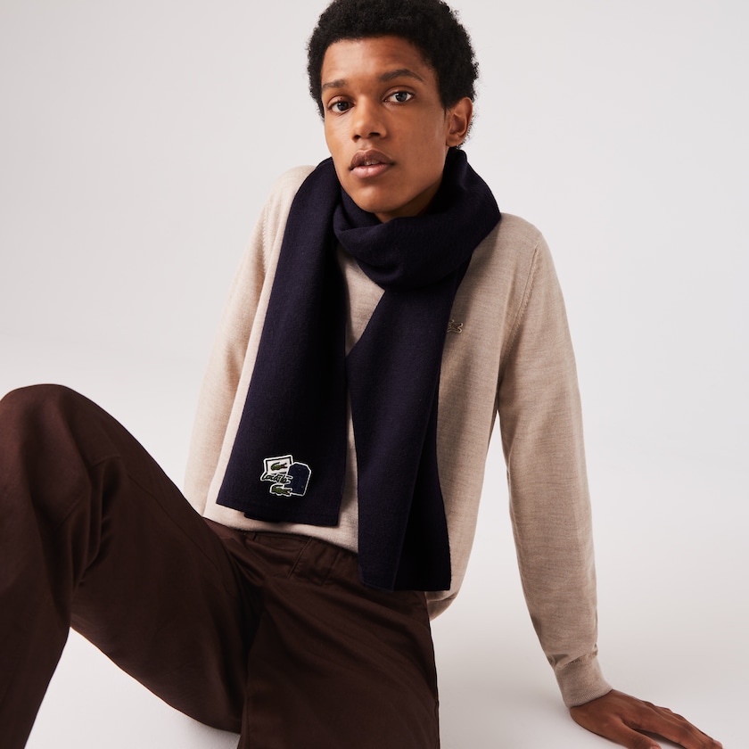 Men's Lacoste Navy Blue Scarves Badge Rectangular Wool Blend YC5-52985H3