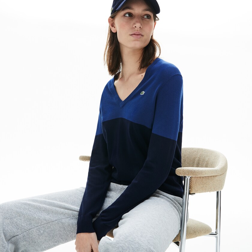 Women's Lacoste Navy Blue Sweaters Colorblock Cotton V-neck GS3-45974M5