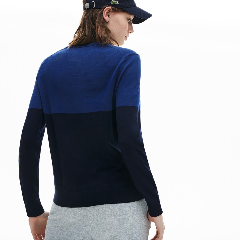 Women's Lacoste Navy Blue Sweaters Colorblock Cotton V-neck GS3-45974M5