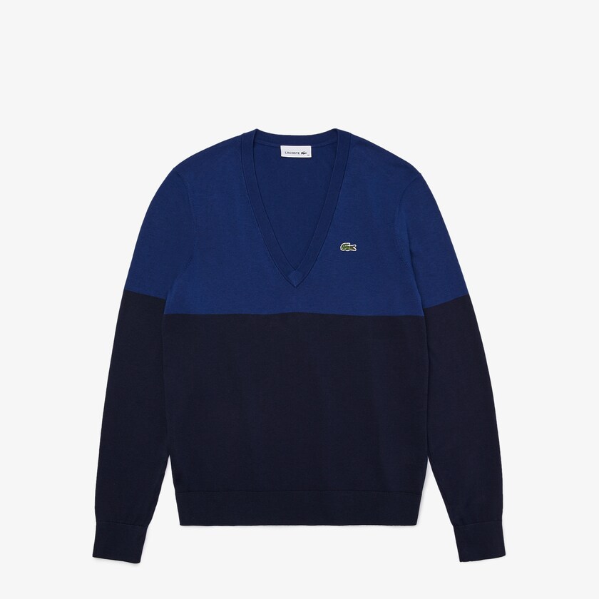 Women's Lacoste Navy Blue Sweaters Colorblock Cotton V-neck GS3-45974M5