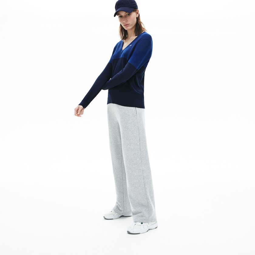 Women's Lacoste Navy Blue Sweaters Colorblock Cotton V-neck GS3-45974M5