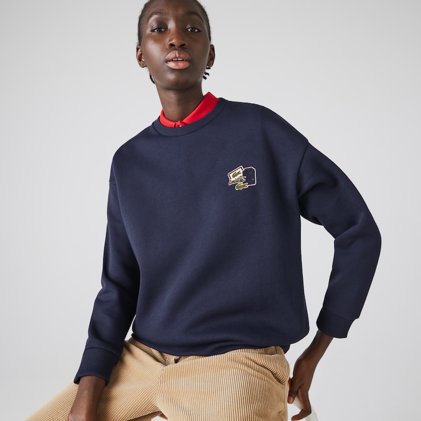 Women's Lacoste Navy Blue Sweatshirts Crew Neck Badge Fleece WP3-19721W4