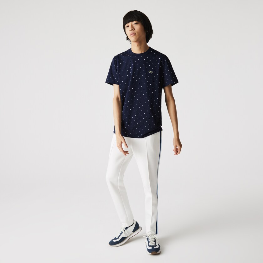 Men's Lacoste Navy Blue T Shirts Crewneck Polka Dotted Cotton UK5-44544K4