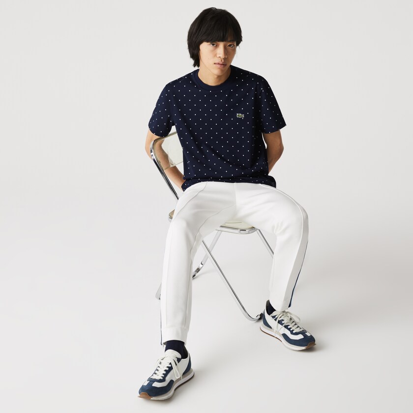 Men's Lacoste Navy Blue T Shirts Crewneck Polka Dotted Cotton UK5-44544K4
