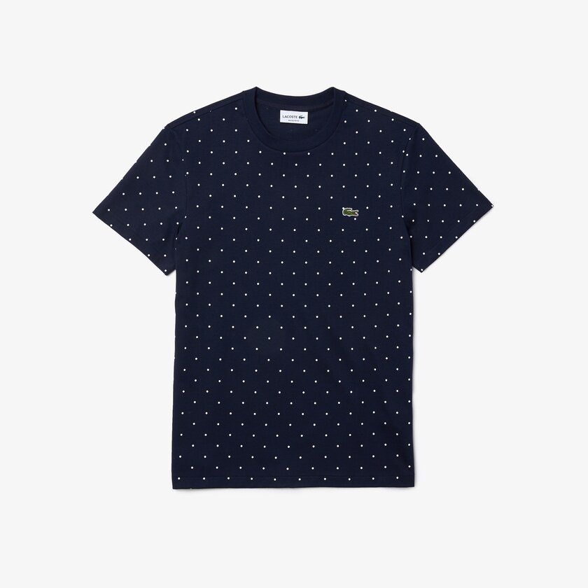 Men's Lacoste Navy Blue T Shirts Crewneck Polka Dotted Cotton UK5-44544K4