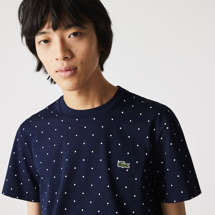 Men's Lacoste Navy Blue T Shirts Crewneck Polka Dotted Cotton UK5-44544K4