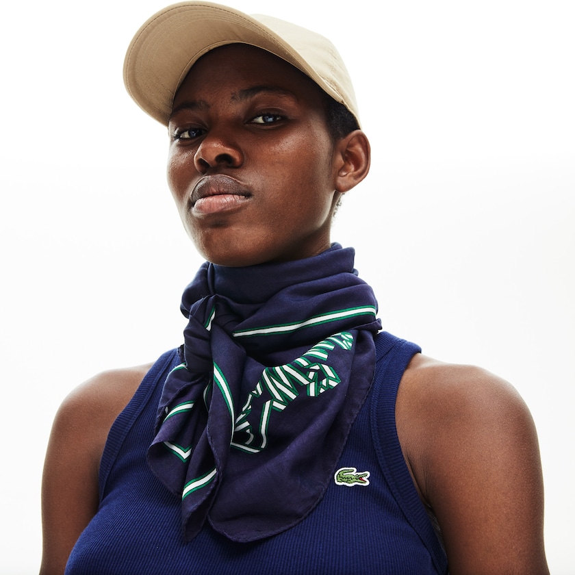 Women's Lacoste Navy Blue Scarves Crocodile Print Lightweight Cotton And Silk RW4-21532V5