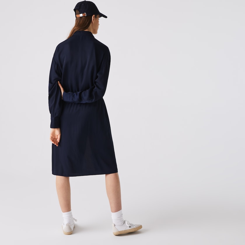 Women's Lacoste Navy Blue Dress Fitted Crepe Shirt KP7-18231M7