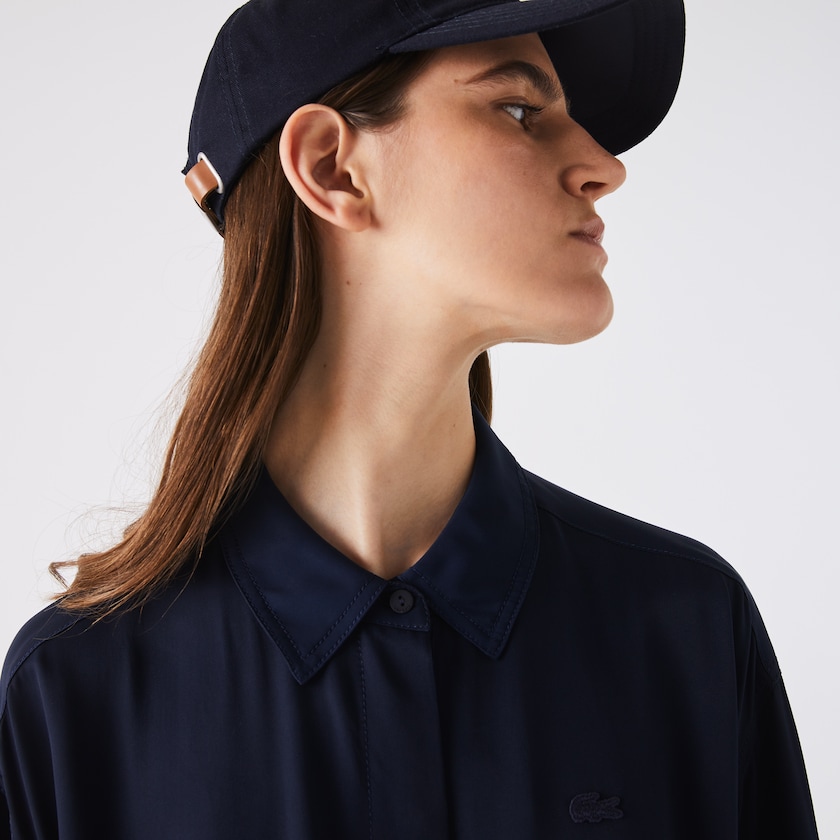 Women's Lacoste Navy Blue Dress Fitted Crepe Shirt KP7-18231M7