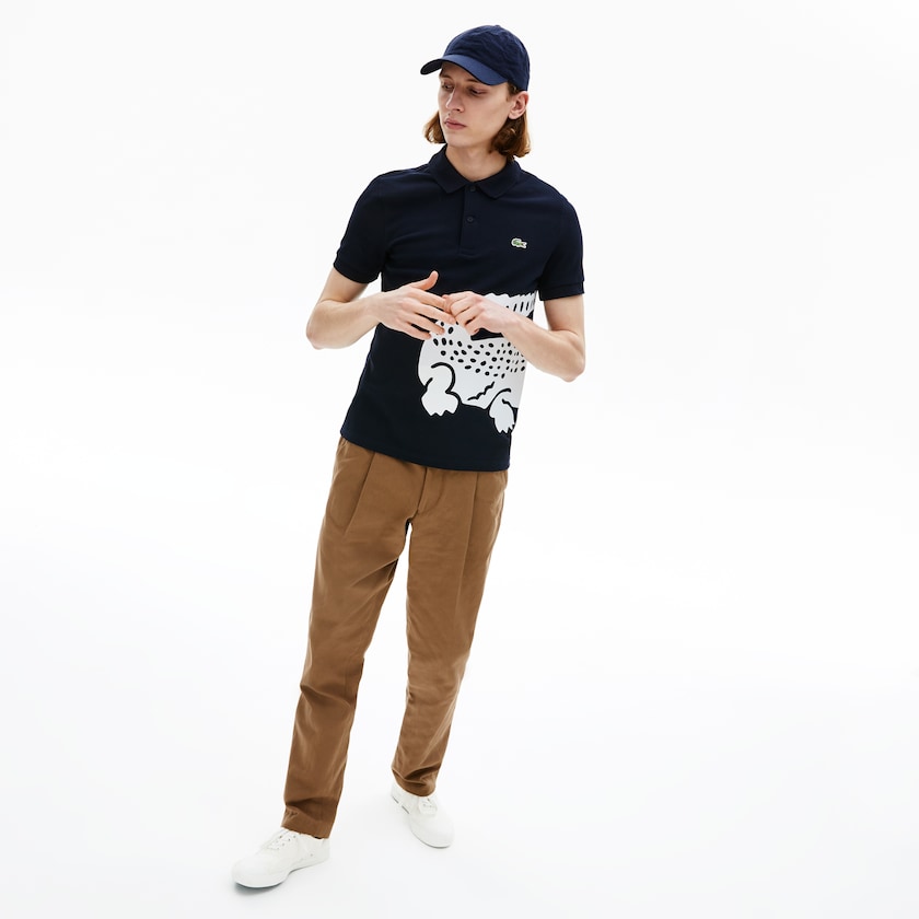 Men's Lacoste Navy Blue Shirts Oversized Crocodile Print Polo VM4-88928T7