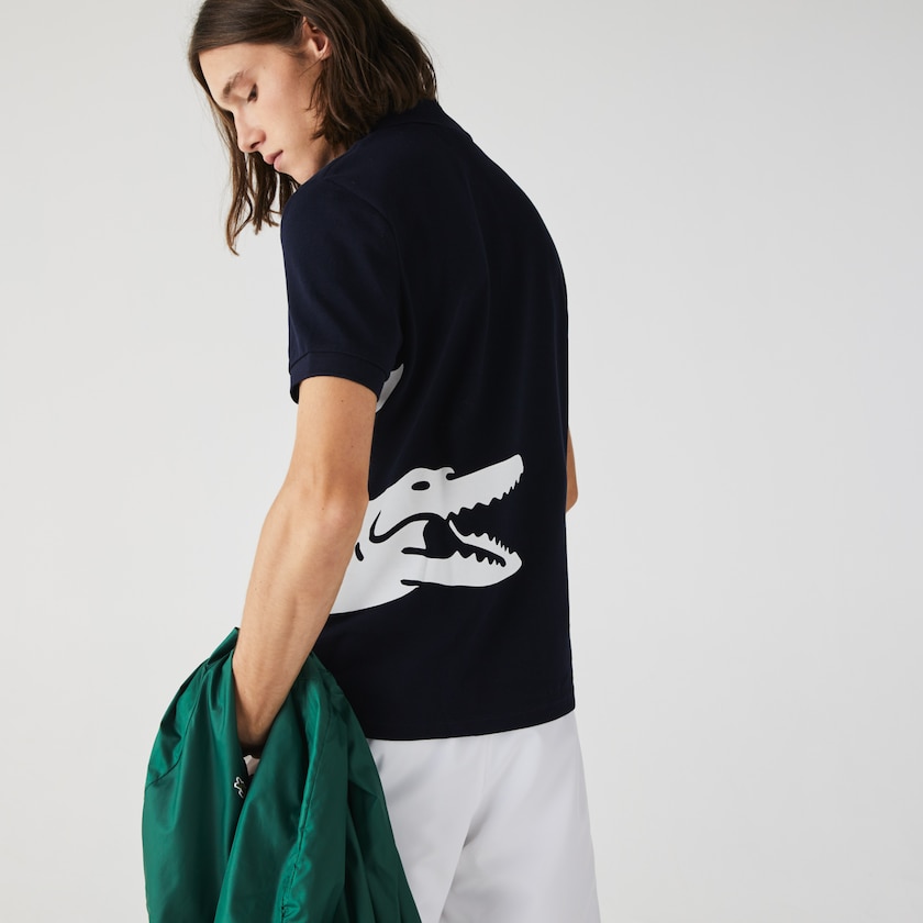 Men's Lacoste Navy Blue Shirts Oversized Crocodile Print Polo VM4-88928T7