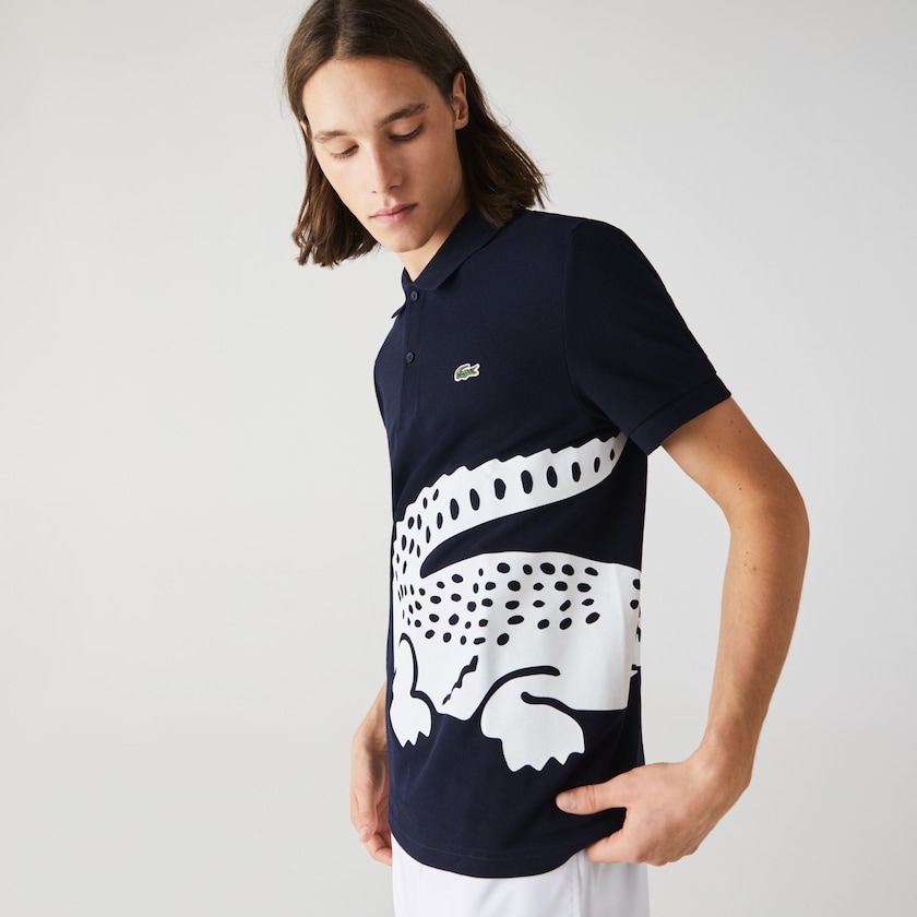 Men's Lacoste Navy Blue Shirts Oversized Crocodile Print Polo VM4-88928T7