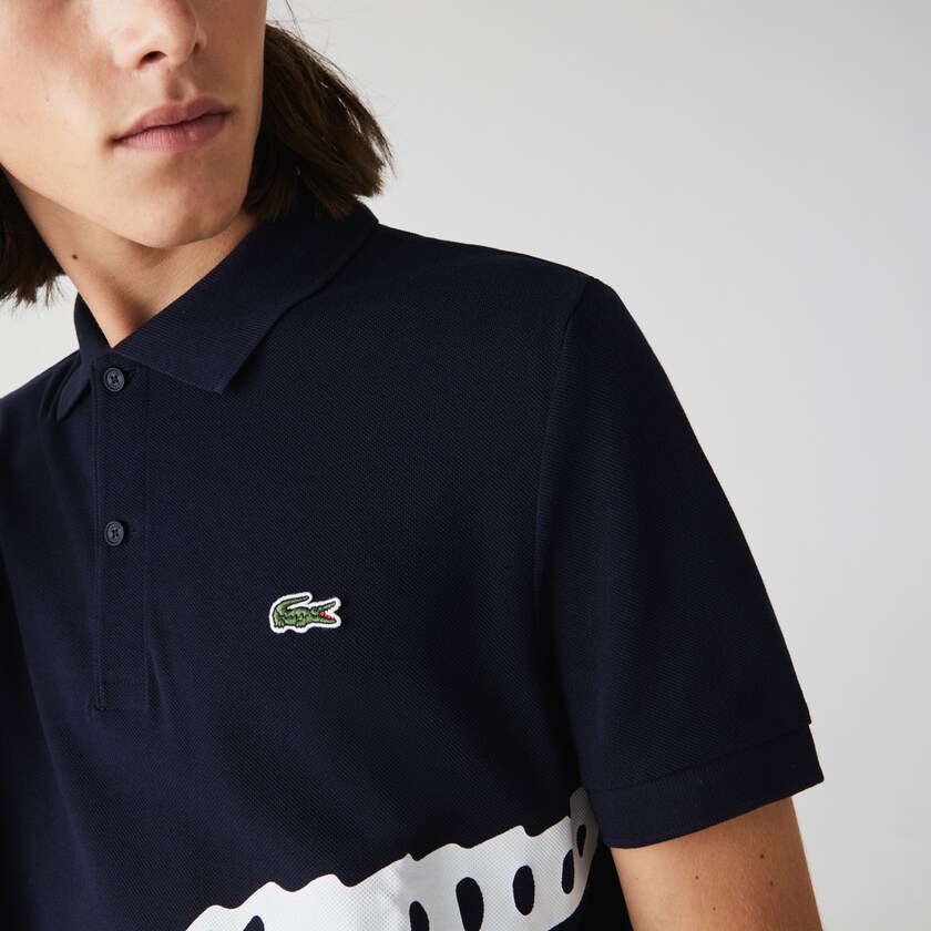 Men's Lacoste Navy Blue Shirts Oversized Crocodile Print Polo VM4-88928T7