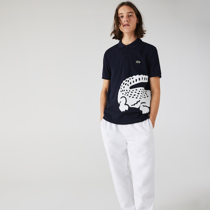 Men's Lacoste Navy Blue Shirts Oversized Crocodile Print Polo VM4-88928T7