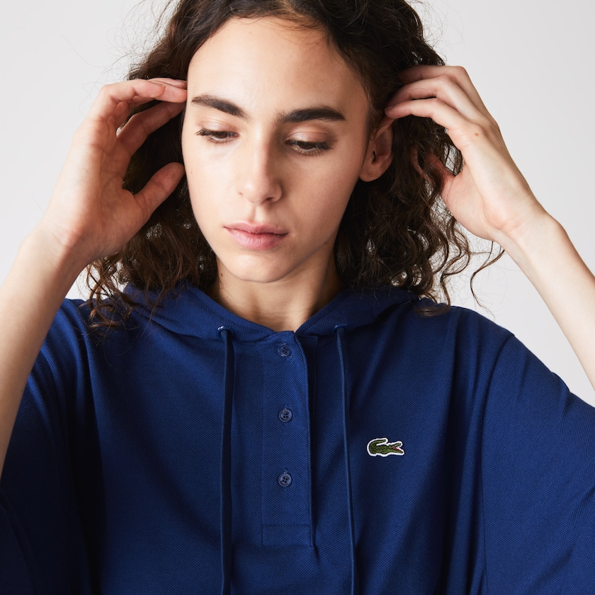 Women's Lacoste Navy Blue Polo Dress Oversized Hooded Organic Cotton Piqué PI0-86778D6